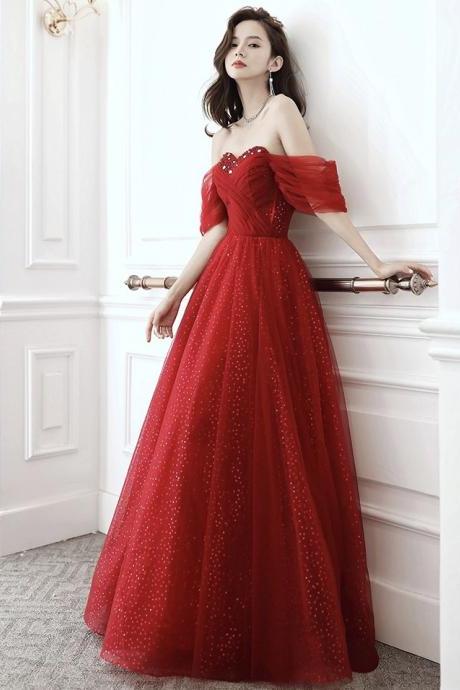 Red Ball Gown,off -shoulder Prom Dress,shiny Evening Gown ,custom Made