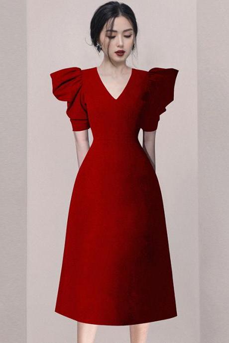 New, v-neck evening dress, red midi dress,fashion,puffy sleeves party dress ,Custom Made