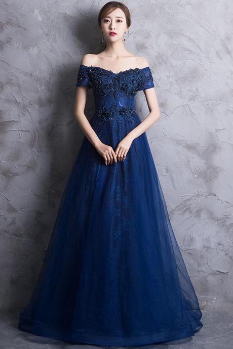 Navy Blue Long Dress, Off-the-shoulder Evening Dress, Elegant Prom Dress,custom Made
