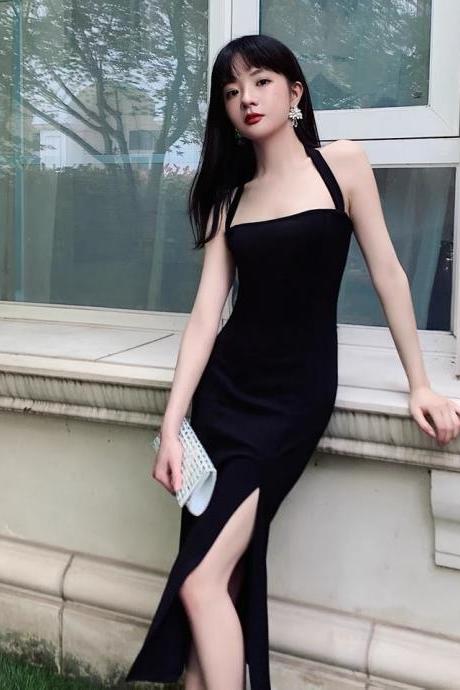 Black Evening Dress, Sexy Temperament Dress, Halter Party Dress,custom Made