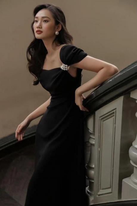 Black, pearl button-down, elegant half-sleeve prom gown, vintage dress,Custom Made