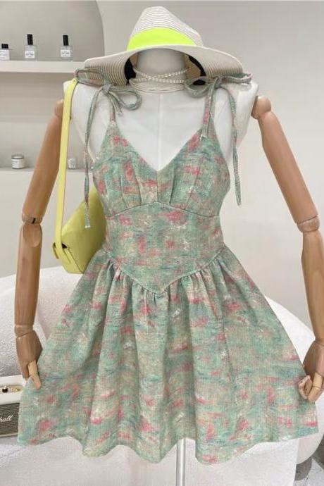 Vintage, broken flower,spaghetti strap dress, temperament short dress