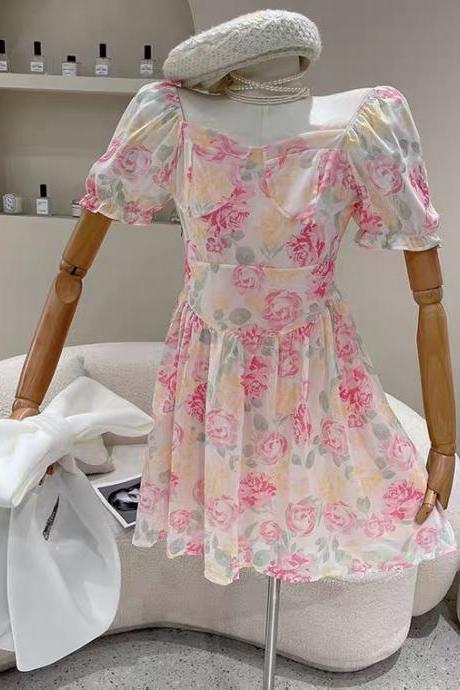 Pink floral dress, summer, new style, oil painting short dress with bubble sleeves