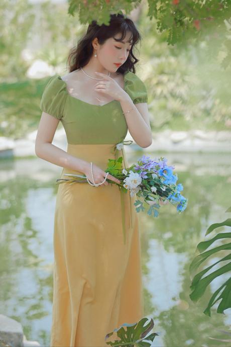 Fresh Splicing Dress, Long Vintage Waist Dress With Bubble Sleeves