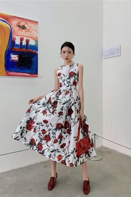 Rose printed, sleeveless dress with high waist, A-line midi dress