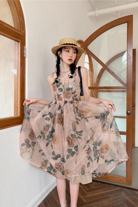 New , large nude flowers, organza waist puffy vintage dress