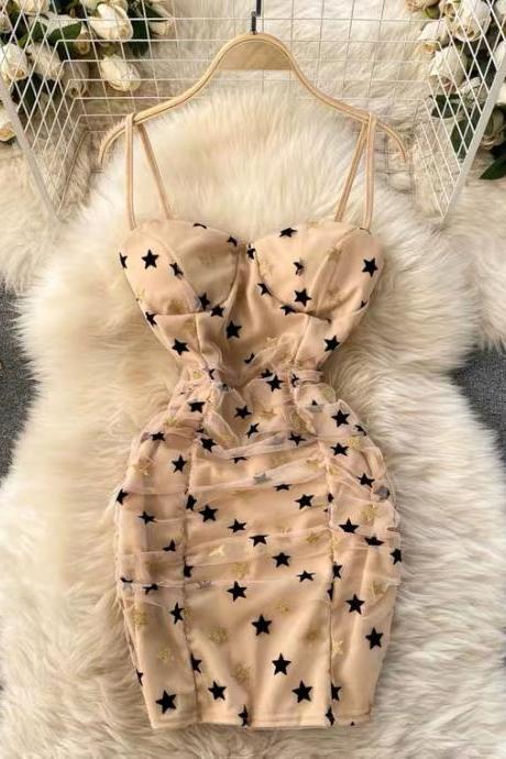 Sexy halter dress, star decoration mesh, pleated mini dress