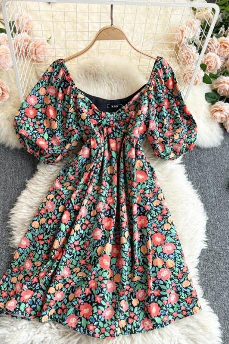 Vintage, Floral Chic Dress, Puffy Sleeves, Loose Doll Dress
