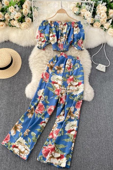 Holiday floral chic, spring two-piece suit, off shoulder top, high-waisted wide-leg pants