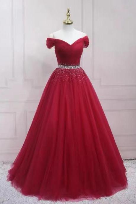 Off Shoulder Prom Dress,red Party Dress ,tulle Ball Gown With Bead,custom Made