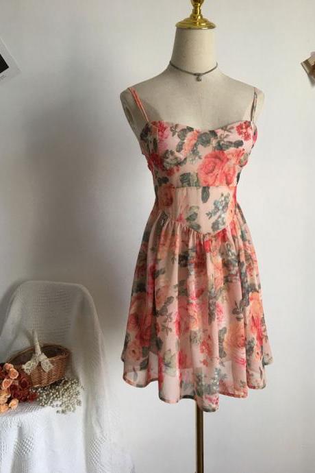 Romantic, floral print dress, high waist A-line princess dress