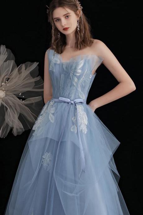 Strapless Prom Dress,sky Blue Party Dresss With Applique,custom Made