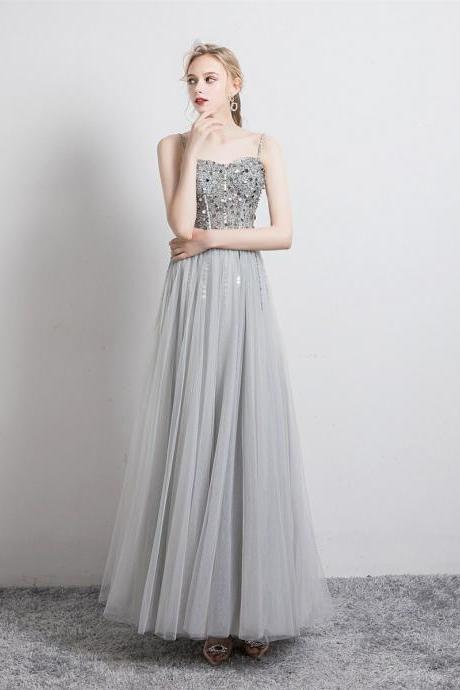 Spaghetti strap prom dress,sliver party dress with sequin,Custom made
