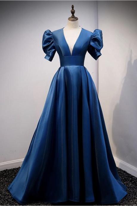 V-neck Prom Dress,bubble Sleeve Evening Dress,royal Blue Evening Dress,custom Made