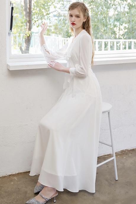 V-neck Long Sleeve Bridal Dress, Chiffon White Dress.custom Made
