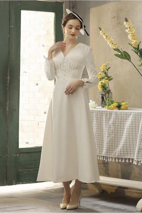 Vintage long sleeve evening dress, birthday party dress, travel pat light bridal dress,Custom made