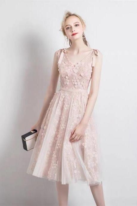Deep V, hollow pink, lace dress, temperament bridesmaid dress,Custom made