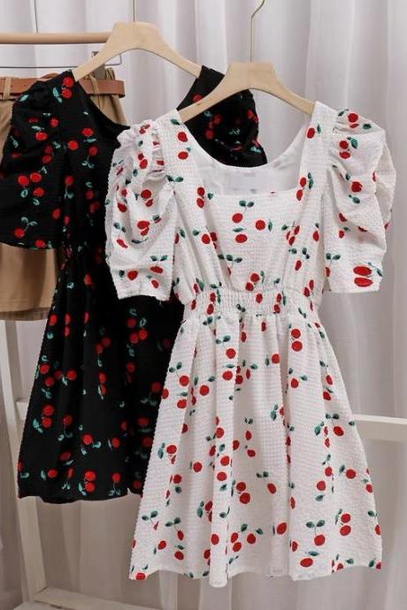 Gentle style, cherry dress, summer, new style,square neck, puffed sleeves, midi dress
