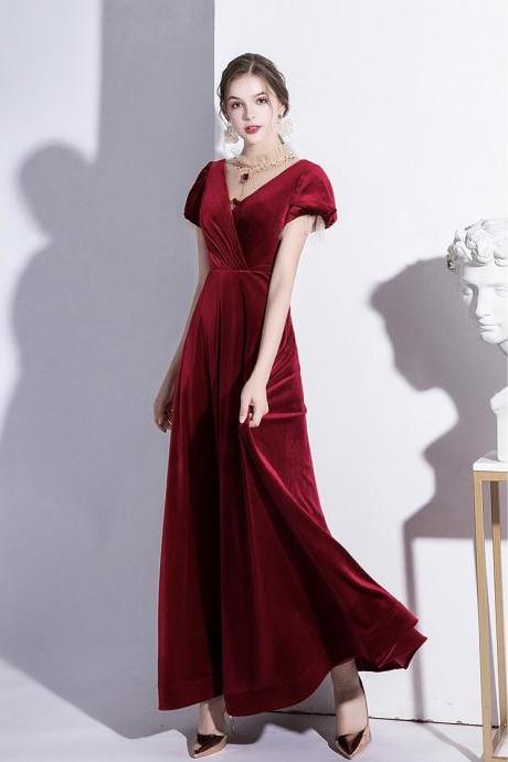 V-neck Prom Dress, Burgundy Velvet Evening Dress,custom Made