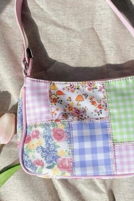 Country style, sweet, one shoulder bag, spliced flower plaid fabric art handbag, women's leisure bag