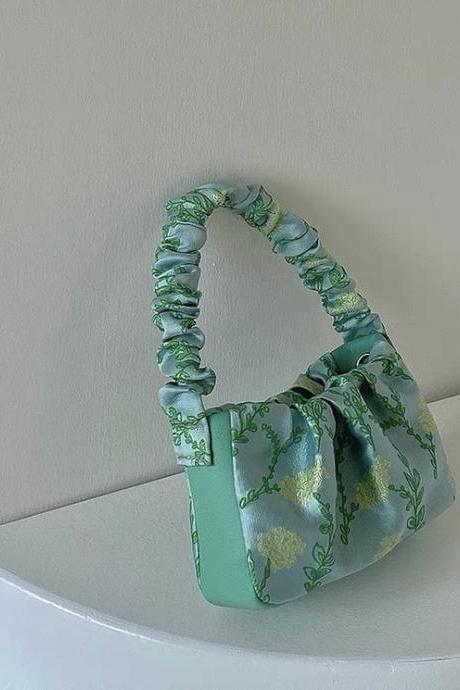Summer, Girl Jacquard Pleated Hand Bag, Personality Single Shoulder Cross-slung Chain Bag Floral Bag