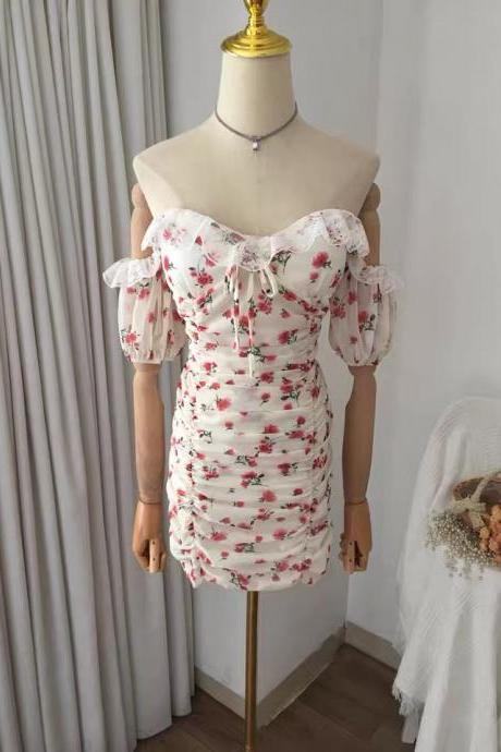 Off shoulder floral dress, temperament slim dress