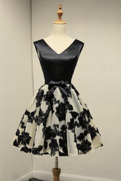 V-neck Homecoming Dress, Black Litte Dress With Embroidered Lace ,custom Made