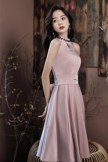 Pink little evening dress, socialite, temperament, halter neck satin short party dress,custom made