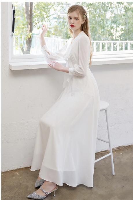 Simple, Daily, V - Neck Chiffon Prom Dress, Long Sleeve Bridal Dress,custom Made