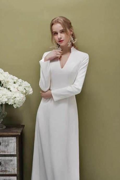 Unique, stand collar, simple white dress, satin wedding dress,custom made