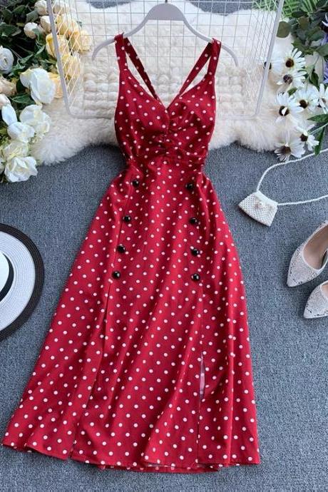 Polka Dot Dress, Double-breasted Mid-length Halter Dress, Vintage Slit Dress