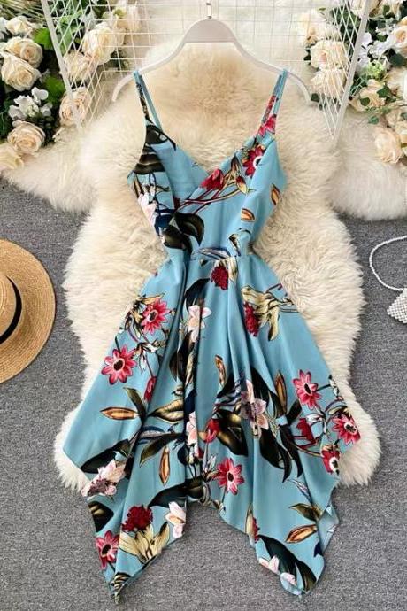 Irregular dress, holiday style printed sexy halter dress, beach dress