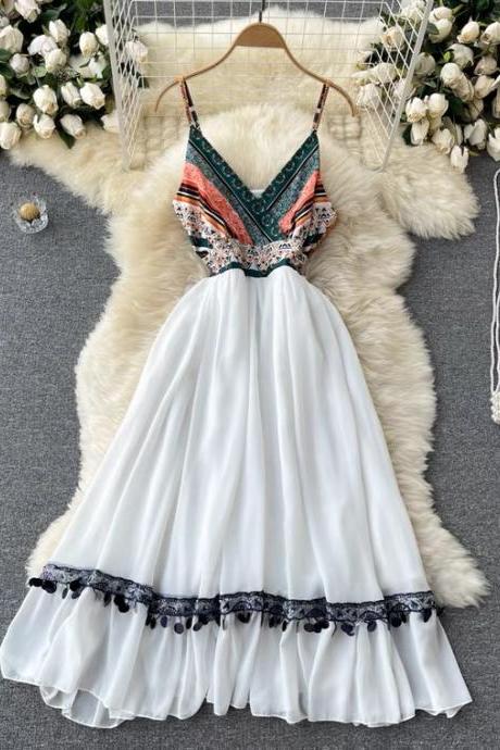 Vintage, Ethnic Style, Printing Splicelong Chiffon Dress ,large Swing Spaghetti Strap Dress