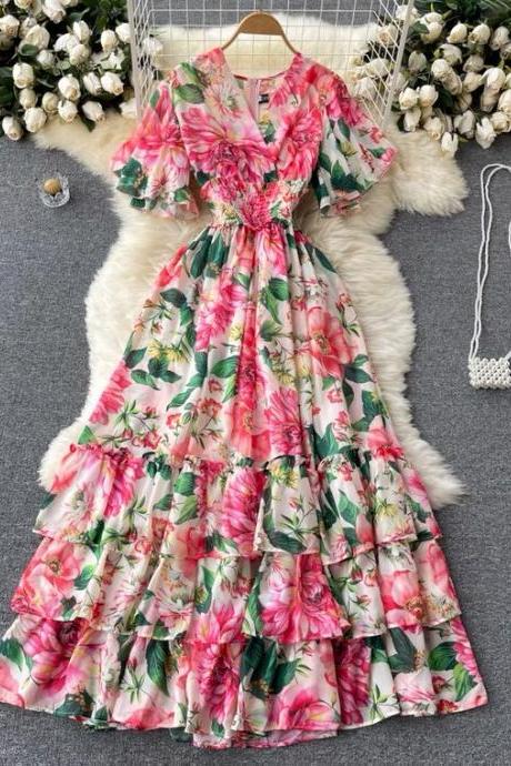 Noble, Elegant, Temperament,, Fairy, Chiffon Printed Flower Holiday Dress