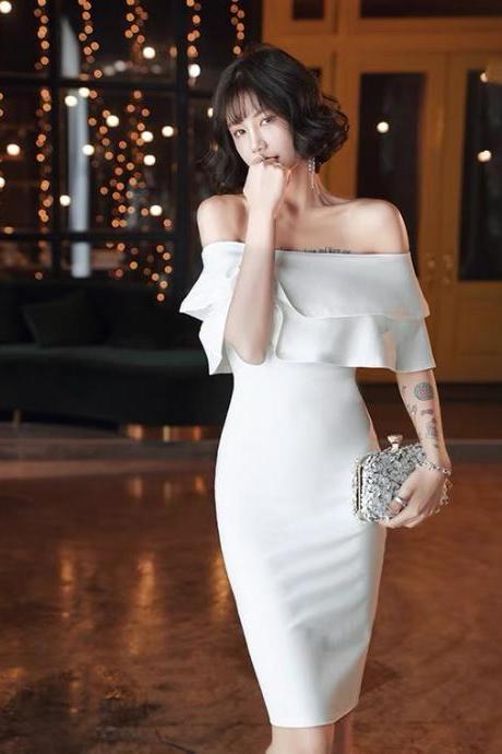 White Flounce Dress, Socialite, Sexy Homecoming Dress, Temperament, Off Shoulder Party Dress, Slim Evening Dress,custom Made