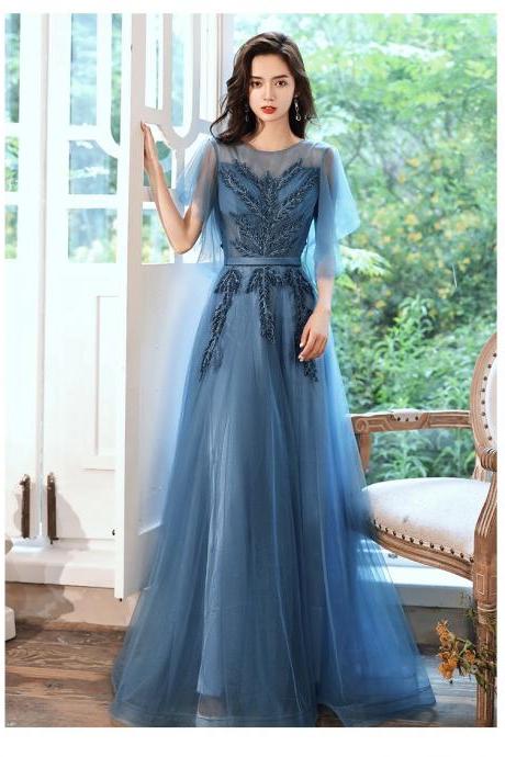 Blue Evening Dresses, Temperament Bridesmaid Dresses, Short Sleeve Prom Dresses,custom Made