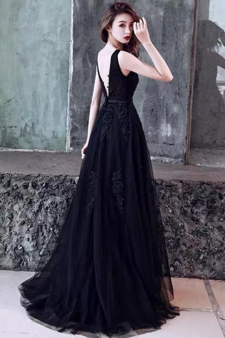 Black Evening Dress, Temperament V-neck Prom Dress, Long Tail Dress,custom Made
