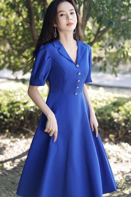 Blue Evening Dress, Summer Graduation Dress, V-neck Midi Dress,Custom Made