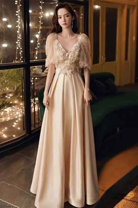 Champagne evening dress, high quality, temperament socialite prom dress, long texture light luxury dress,custom made