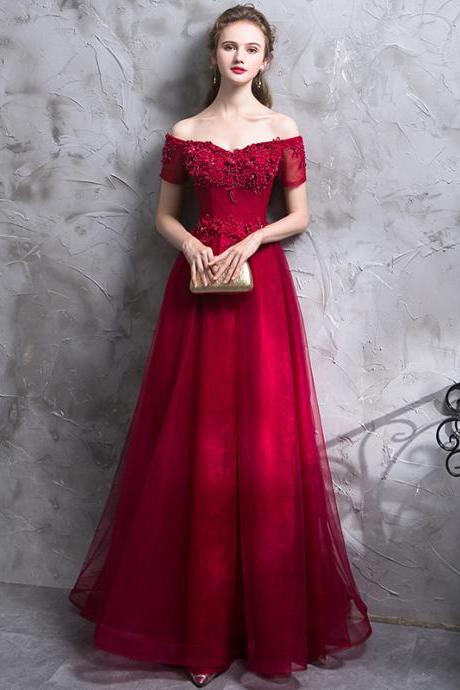 Sweetheart Short Sleeves Prom Dress,lace A-line Party Dress ,burgundy Evening Dress, Custom Made