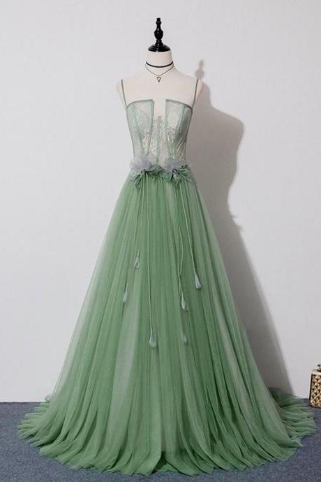 Green Tulle Lace Long Prom Dress ,spaghetti Strap Tulle Evening Dress, Custom Made