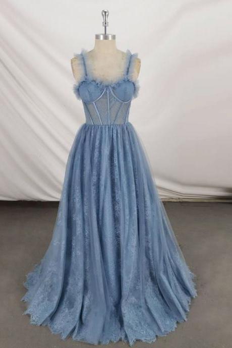 Gray Sweetheart Neck Evening Dress, Tulle Lace Long Prom Dress, Blue Formal Dress, Custom Made