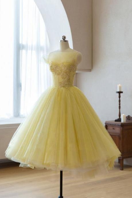 Yellow Tulle Party Dress,beads Short Prom Dress ,yellow Homecoming Dress, Custom Made