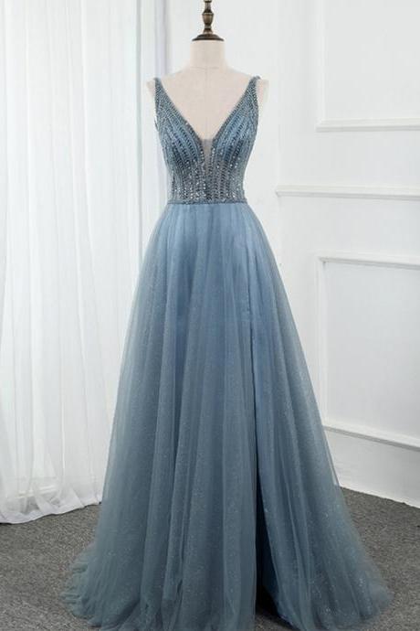 Blue Tulle Party Dress,deep V-neck Backless Beading Sequins Prom Dress, Custom Made