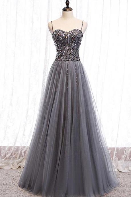Grey Spaghetti Strap Dress,tulle Sequined Beaded Long Prom Gown, Custom Made
