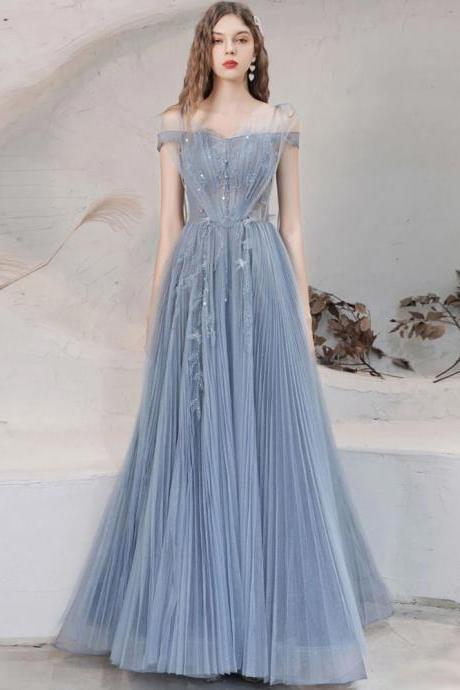 Blue Tulle Lace Party Dress,off Shoulder Long Prom Dress Unique Tulle Formal Dress, Custom Made