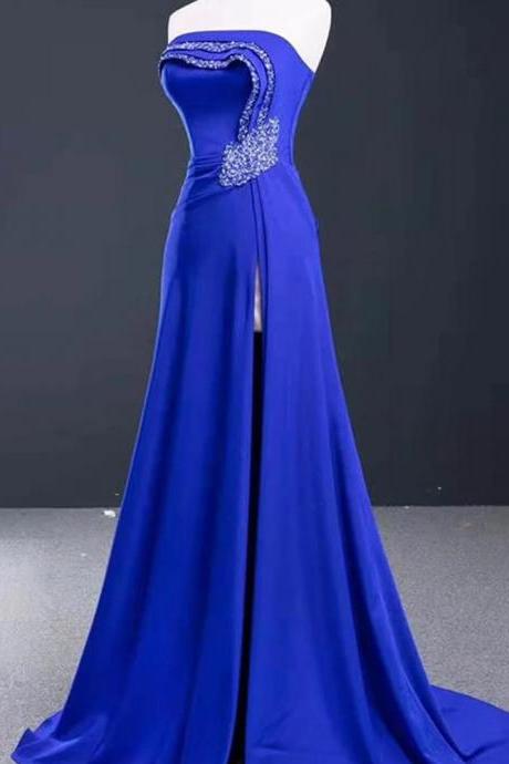 Blue Long Evening Dress ,strapless Lace-up Floor-length Prom Dress, Custom Made