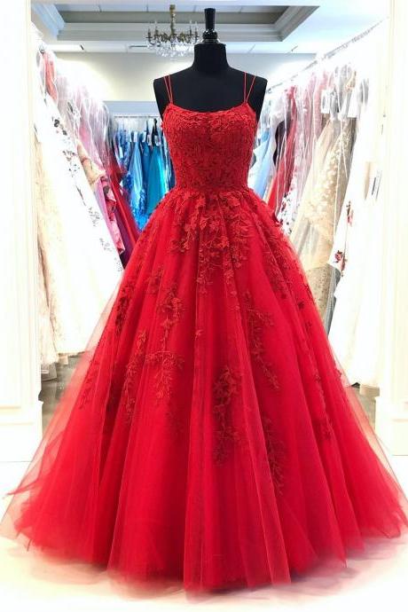 Spaghetti Straps Red Dress,a-line Prom Dresses ,tulle Appliqued Evening Gowns,custom Made