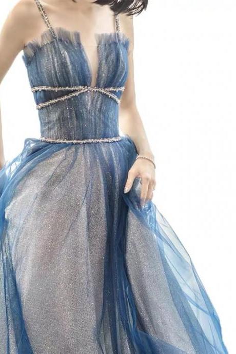 Blue prom dress, sexy halter starry sky dress, light luxury, high quality evening dress ,Custom Made
