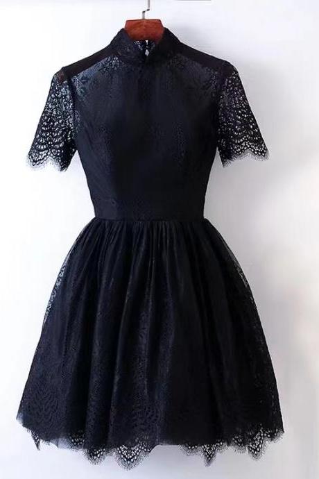 Black Evening Dress, Lace Short Homecoming Dress, High Neck Party Dress,custom Made
